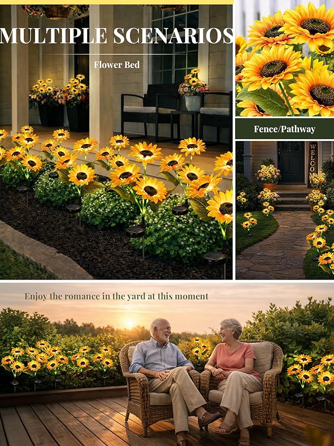 GIGALUMI Solar Garden Lights Artificial Sunflowers, LED Garden Decor Carefree Sunflower Solar Lights Outdoor Yard Decorations Outdoor, Everlasting Sunflower Decor Gift for Yard Patio (Set of 4)