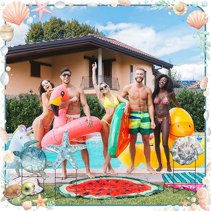 Moxweyeni 3 Pcs Metal Beach Outdoor Decoration 25 Inch Summer Ocean Theme Yard Sign Turtle Starfish Conch Coastal Outdoor Stakes for Garden Pool Lawn Holiday Party Take Photos