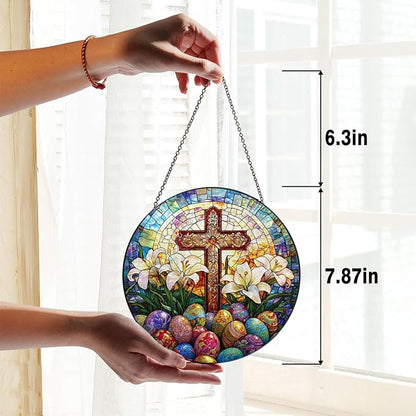 Easter Stained Glass Window Hanging,Suncatcher Cross with Lilies Christian Window Hanging Decor Colorful Religious Glass Ornament for Home, Church, Spring Easter Gifts 7.8 in