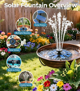 Solar Bird Bath Fountain Pump 6.3" Larger Size, 7V 1.4W Floating Solar Fountain, 5 Spray Patterns Water Pump for Bird Bath, Pond, Garden & Outdoor Water Features