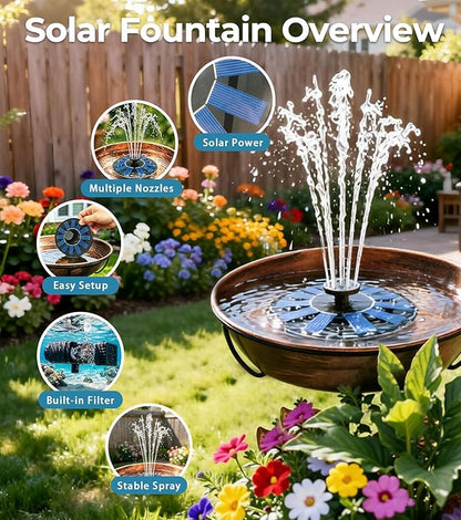 Solar Bird Bath Fountain Pump 6.3" Larger Size, 7V 1.4W Floating Solar Fountain, 5 Spray Patterns Water Pump for Bird Bath, Pond, Garden & Outdoor Water Features