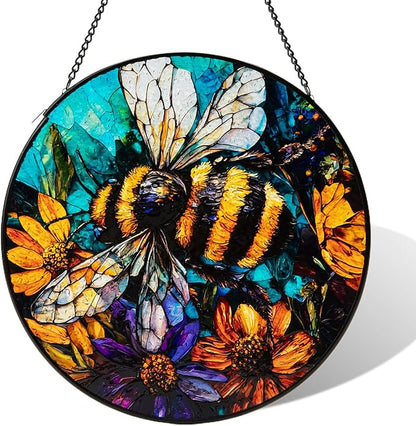 Stained Glass Window Hanging, Bee Yellow Flower Suncatcher for Doors Home Sun Catchers Decoration, Mother's Day Birthday Gifts for Women, Men, and Mom