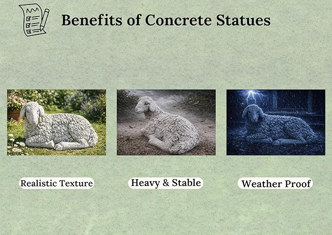 Lamb Laying Statue Concrete Sheep Outdoor Sculpture Painted Figure Farm Animal Figurine Cement Yard Decoration Lawn or Patio Stone Ornament Farmhouse Art
