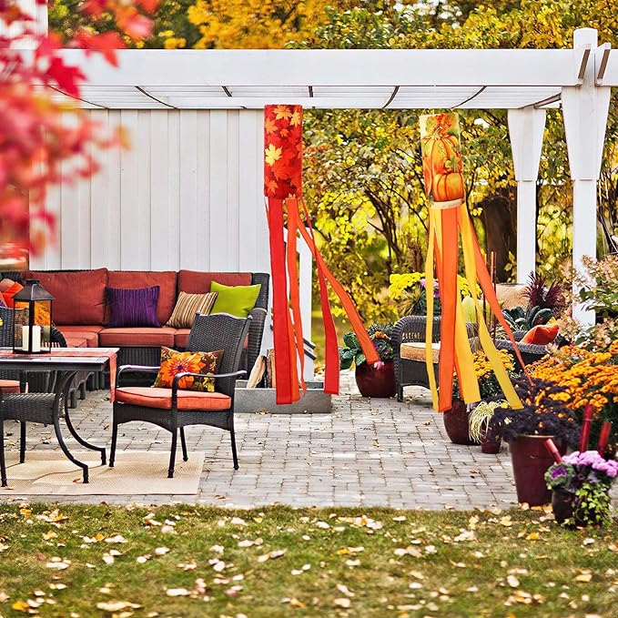 NOVWANG 2 Pieces 40 Inch Fall Windsocks，Pumpkin Maple Leaf Wind Socks for Outside Decor Hanging Flag for Home Garden Yard Wall Balcony Decoration