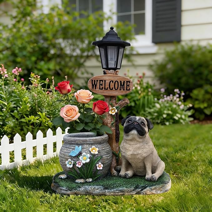 Solar Light Animal Outdoor Statue Planter with Welcome Sign, Resin Garden Sculpture Flower Pot for Patio Lawn Porch Yard Courtyard Decor, Weather-Resistant Decorative Figurine Accent (N)