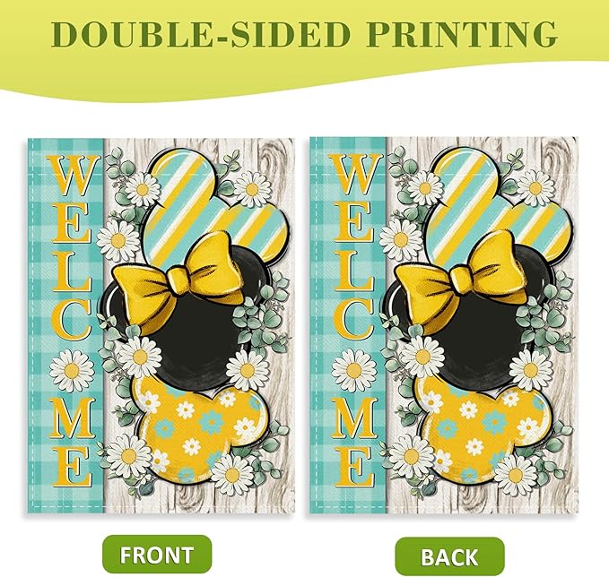 Welcome Spring Decorative Garden Flag, Daisy Flower Yellow Teal Plaid Stripes Yard Outside Decorations, Summer Farmhouse Outdoor Small Home Decor Double Sided 12 x 18
