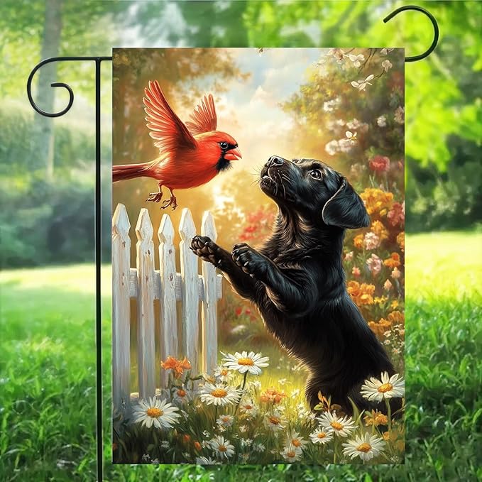 Spring Summer Black Lab Garden Flags 12x18 Double Sided, Small Burlap Seasonal Cardinal Floral Dog Garden Flag Spring Summer Outdoor Yard Decorations for Outside Lawn Decor