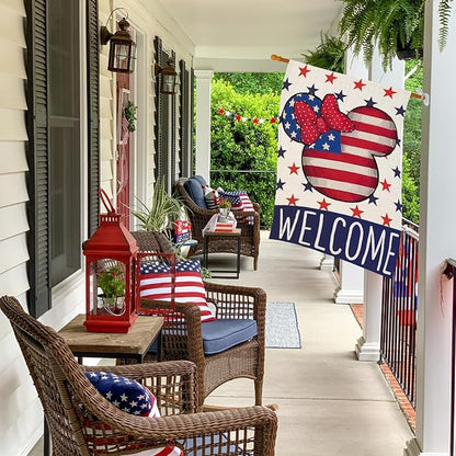Welcome 4th of July House Flags for Outdoor Decoration, Patriotic Air Balloon Stars Large Yard Flag,Decorative 250th America Years Anniversary Decor for Summer Outside,28x40 Inch Vertical Double Sided