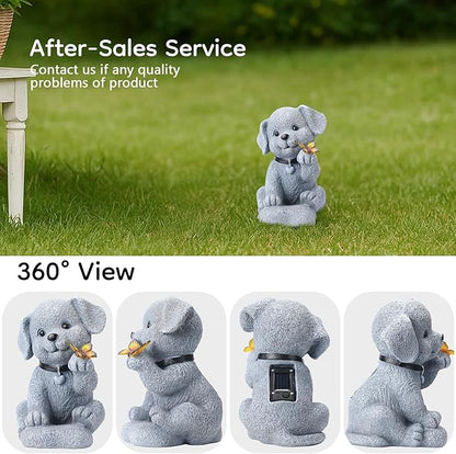 Solar Dog Statue with Butterfly, Outdoor Garden Decor with LED Light for Patio, Lawn Ornament for Courtyard, Valentine's Day Birthday Gift for Women Mom Grandma