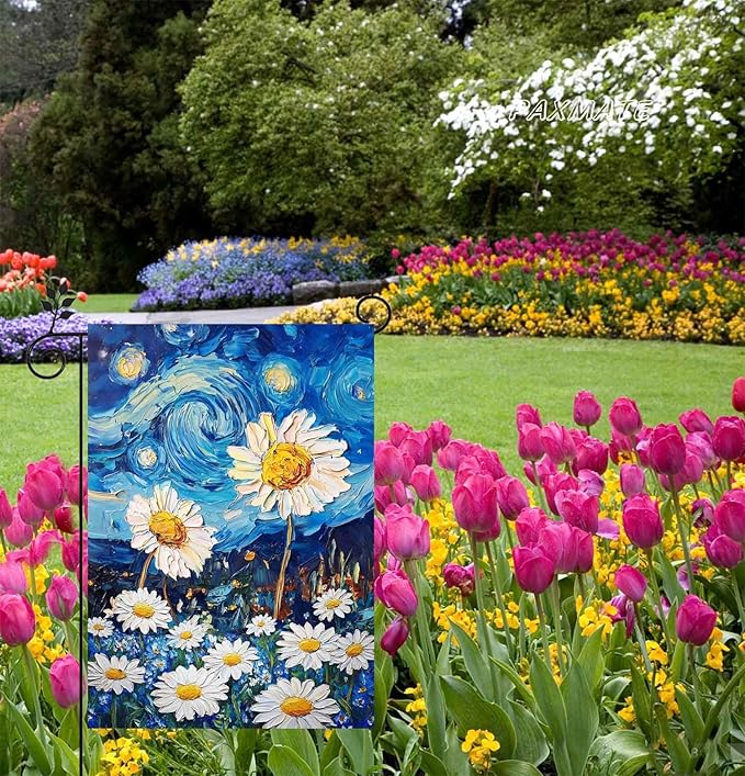 Spring Summer Garden Flag 12x18 Inch Double Sided Starry Night Daisy Flowers Small Burlap Yard Flag Seasonal Farmhouse Outdoor Outside Decoration