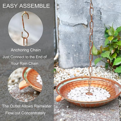 Rain Chain Anchoring Basin, 11” Dia Metal Patina Hammered Rain Chain Downspout Gutters for Outdoor Garden, Bowl for Rain Chain Spill Over with Scupper Pour Spout, Matte Coppery Decorative