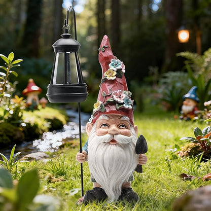 Garden Gnomes Statue with Solar Lantern, Outdoor Gnome Decorations for Yard, Outdoor Figurine Ornament with LED Lights for Patio Lawn, Valentine's Day Birthday Gift for Women Mom Grandma