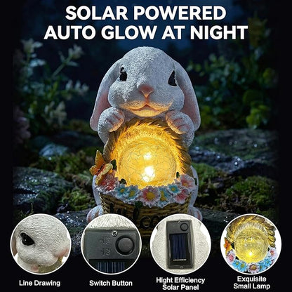Solar Garden Outdoor Statues Rabbit with Flower Basket, Ideal Gift for Mom, Daddy, Cute Bunny Statue Decor for Lawn, Patio, Yard(White Rabbit)