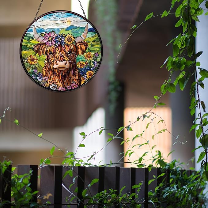 Flowers Highland Stained Glass Window Hanging Cow Sun Catcher Cowgirl Decor Highland Cow Gifts for Women Christmas Suncatchers for Home Windows Hanging Decoration, 7.87inch