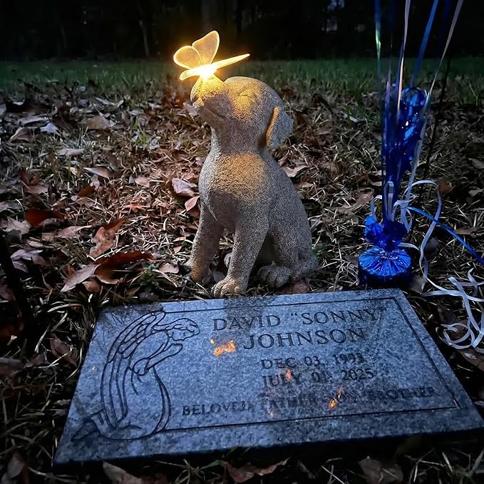 Lyeasw Dog Solar Statues with Butterfly - Waterproof Gray Dog Garden Decor for Patio, Yard, Porch- Cute Puppy Figurines with Solar LED Lights for Outdoor Decor, Pet Memorial Gift