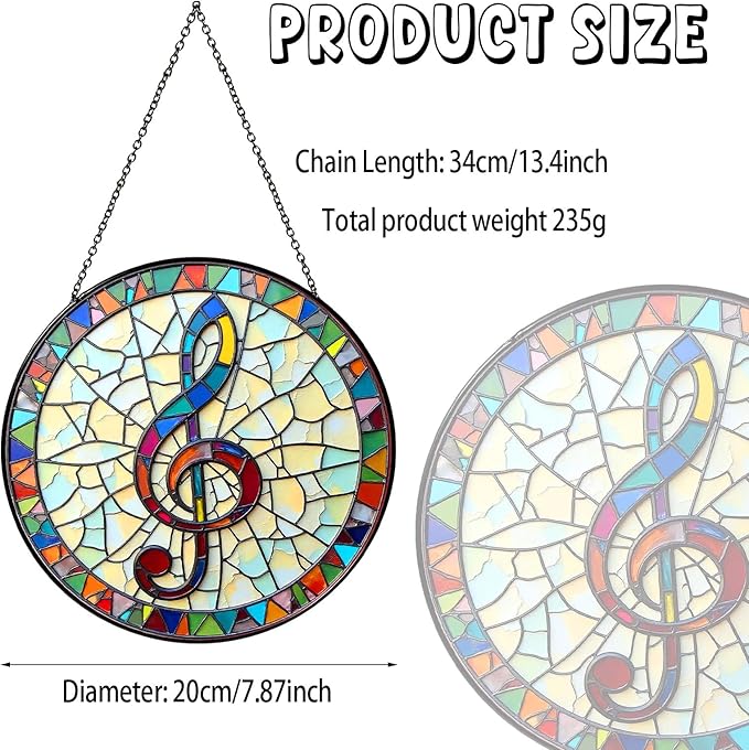 Musical Stained Glass Window Hanging Music Design Sun Catcher Musician Decor Music Teacher Gifts for Women Christmas Suncatchers for Home Windows Hanging Decoration, 7.87inch