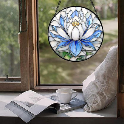 Stained Glass Window Hanging - Blue and White Lotus Petal Suncatcher for Doors Window Home Sun Catchers Decor Christmas Mother's Day July Birthday Gifts for Teacher Women Men Mom Nana 14.9 in