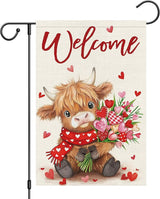Heyfibro Welcome Valentine's Day Highland Cow Garden Flag 12 x 18 Inch Double Sided Burlap, Floral Heart Bouquet & Red Scarf Yard Flag for Outdoor Romantic Holiday Decoration (ONLY FLAG)