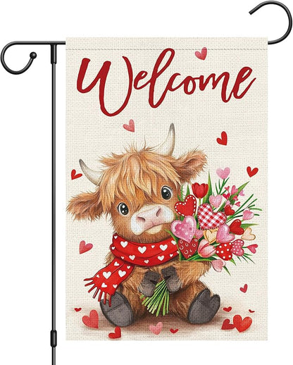 Heyfibro Welcome Valentine's Day Highland Cow Garden Flag 12 x 18 Inch Double Sided Burlap, Floral Heart Bouquet & Red Scarf Yard Flag for Outdoor Romantic Holiday Decoration (ONLY FLAG)