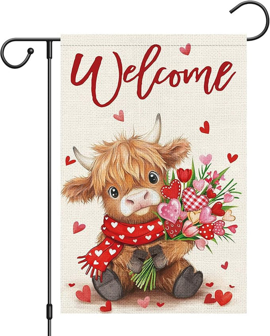 Heyfibro Welcome Valentine's Day Highland Cow Garden Flag 12 x 18 Inch Double Sided Burlap, Floral Heart Bouquet & Red Scarf Yard Flag for Outdoor Romantic Holiday Decoration (ONLY FLAG)