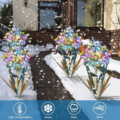 Homight Solar Metal Agave Butterfly Flower Stick Garden Sculpture - Outdoor Christmas Lights With Swaying Butterfly Sunflower - Solar Outdoor Gift (3 PCS Blue)