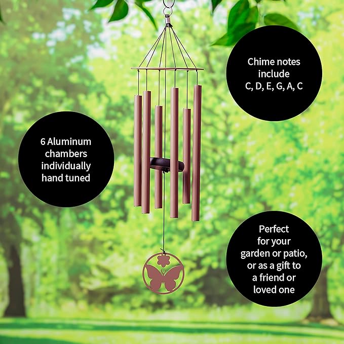 Evergreen Hand Tuned Butterfly Wind Chime for Outside | Scale of C | Deep Tone | Powder-Coated Metal | Red | 27-Inches Tall | Memorial Gift for Home Garden Decoration