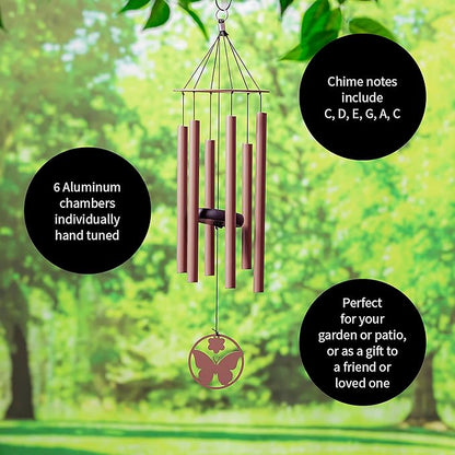Evergreen Hand Tuned Butterfly Wind Chime for Outside | Scale of C | Deep Tone | Powder-Coated Metal | Red | 27-Inches Tall | Memorial Gift for Home Garden Decoration