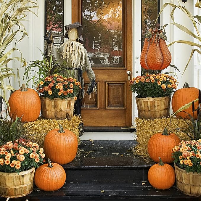 Morning View Pumpkin Garden Stakes Metal Yard Sign Fall Decor Outdoor Autumn Yard Stake Art Pumpkin Lawn Ornaments for Patio Porch Thanksgiving Halloween Harvest 20 Inches Tall Set of 2