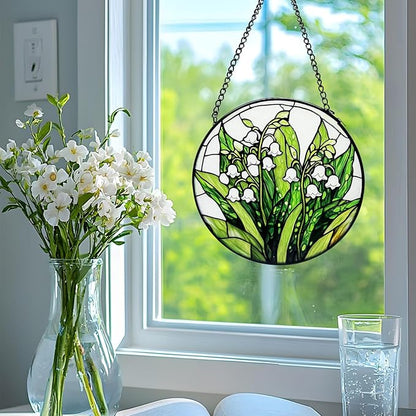 Stained Glass Window Hanging, Lily of The Valley Flower Diamond Glass Panel Suncatcher Green Plant Sun Catchers for Home Garden Balcony Window Decor, Plant Lover Gifts (7.8 Inch)