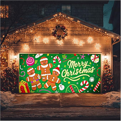HOMETITUTE Merry Christmas Garage Door Banner 13x6ft Festive Gingerbread Man Candy Gift Boxes Holiday Door Cover Outdoor Yard Decoration Seasonal Display