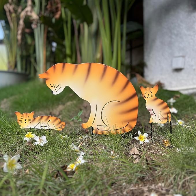 Metal Cat Family 3 Pack Garden Statues, Outdoor Decorative Silhouette Stakes for Yard and Patio Lawn Ornaments - Animal Sculpture Art (Orange)