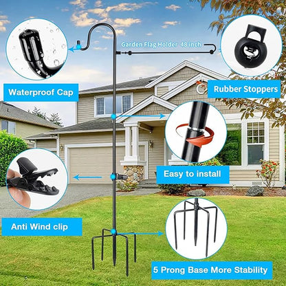 Garden Flag Holder Stand and Shepherds Hooks, 48 Inch Height with 1/2 Thick Metal Pole-Outdoor Lawn Yard Stake for Small 12x18, Solar Lights-Mini (1), Black (GFSH-X1)
