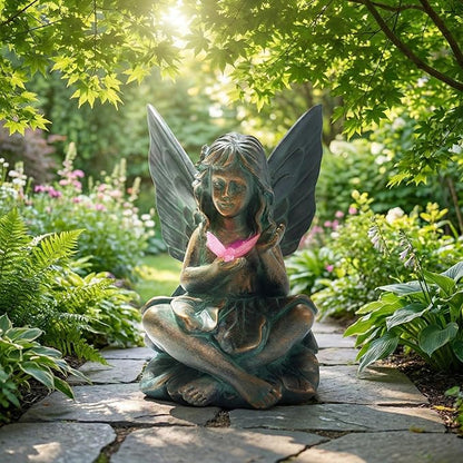 Oinas Solar Fairy Garden Statue Decor - Resin Fairy Figurines with Butterfly Light, 8.5 in Angel Fairy Outdoor Decor, Birthdays, Valentine's Day Garden Sculpture Gifts for Women