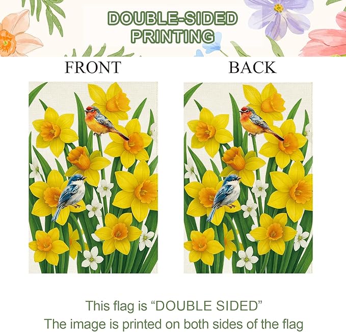 Baccessor Spring Summer Daffodils Garden Flag 12.5 x 18 Inch Double Sided Burlap Bluebirds Yellow Flower Green Leaf Farmhouse Small Yard Flag Summer Holiday Seasonal Outdoor Outside Decoration