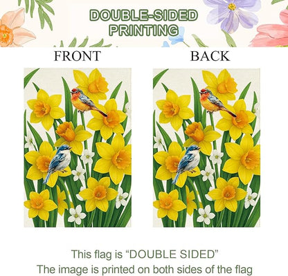 Baccessor Spring Summer Daffodils Garden Flag 12.5 x 18 Inch Double Sided Burlap Bluebirds Yellow Flower Green Leaf Farmhouse Small Yard Flag Summer Holiday Seasonal Outdoor Outside Decoration