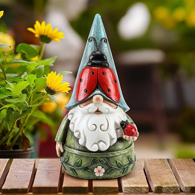 Garden Ladybug Gnome Statues Outdoor Decor for Patio, Yard, Lawn, Porch, Home, Table, Spring Summer Ladybug Gnomes Figurines 7.3" Tall Elf Ornament Gifts for Mother Women