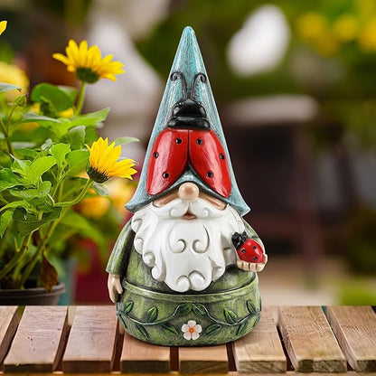 Garden Ladybug Gnome Statues Outdoor Decor for Patio, Yard, Lawn, Porch, Home, Table, Spring Summer Ladybug Gnomes Figurines 7.3" Tall Elf Ornament Gifts for Mother Women