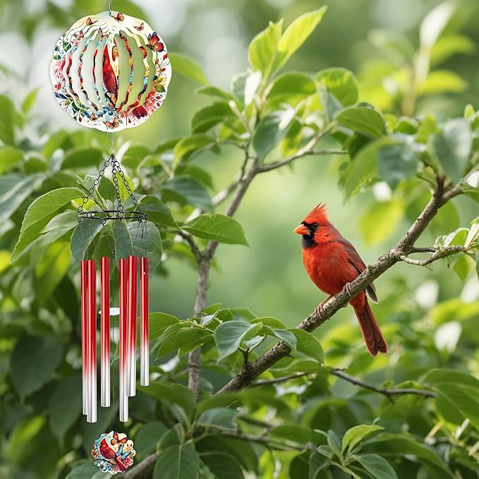 Wind Chimes with Cardinal Wind Spinner, Bird Decor Gift for Women Men, Hanging Metal Wind Catcher with 2" Center Pendant, 6" 3D Stainless Steel Kinetic Art for Garden Yard