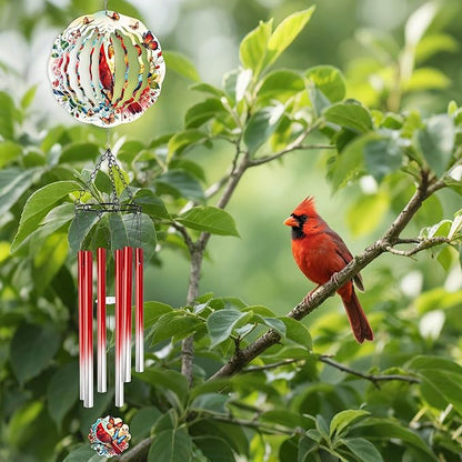 Wind Chimes with Cardinal Wind Spinner, Bird Decor Gift for Women Men, Hanging Metal Wind Catcher with 2" Center Pendant, 6" 3D Stainless Steel Kinetic Art for Garden Yard