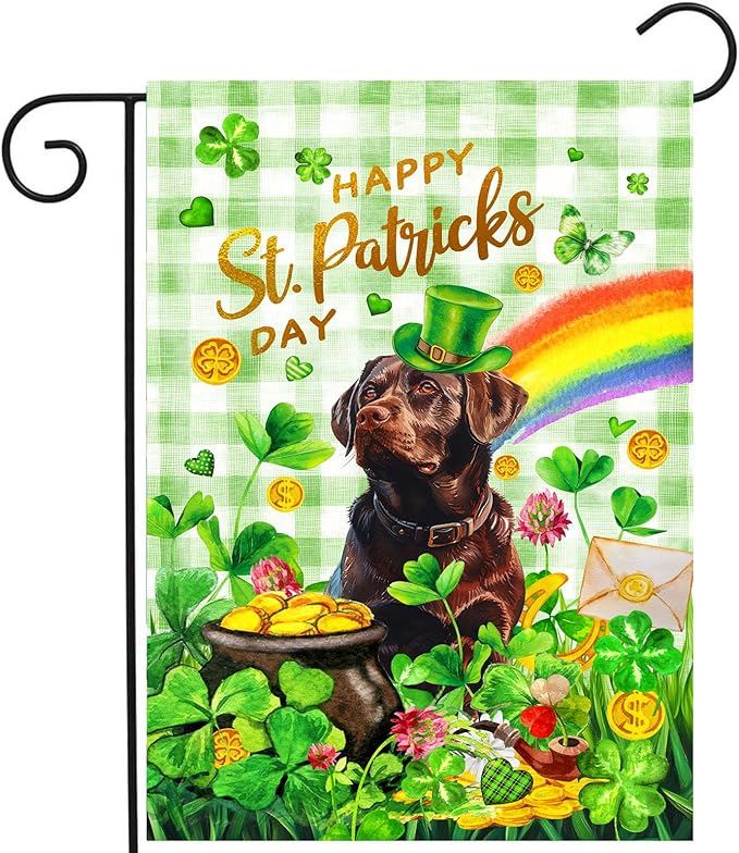 Chocolate Lab St Patricks Day Garden Flag Labrador Dog St Patrick's Day Yard Flags for Outside 12x18 Double Sided Buffalo Plaid Shamrock Flag Small Outdoor Rainbow St Patrick's Decor