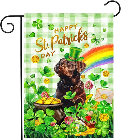 Chocolate Lab St Patricks Day Garden Flag Labrador Dog St Patrick's Day Yard Flags for Outside 12x18 Double Sided Buffalo Plaid Shamrock Flag Small Outdoor Rainbow St Patrick's Decor