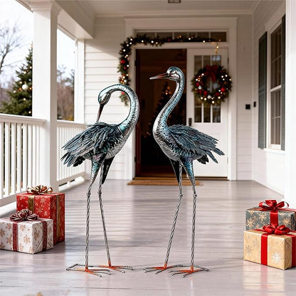 Kircust Garden Crane Statue for Outdoor, Blue Heron Decoy Garden Sculptures and Statues, Metal Bird Yard Art for Lawn Patio Decor, Set of 2