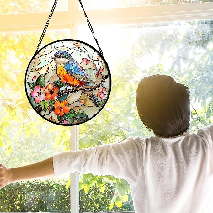 DASTOLL Stained Glass Window Hanging, Blue Bird Pink Flower Suncatcher Diamond Glass Panel Bird Sun Catchers Decor for Birthday for Women, Men, Wife, Aunt, and Mom 6.3 in