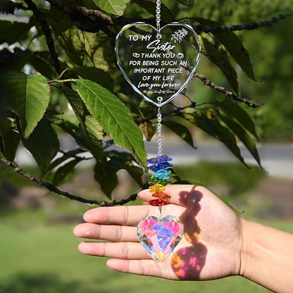 Suncatcher Gifts for Sister, Personalized Crystal Heart Ornaments Hanging for Windows, Cool Garden Gifts for Sister Birthday