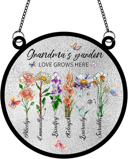 Personalized Grandmas Garden Stained Glass Suncatchers, Custom Name Birth Month Flowers Window Hanging Ornament, Mothers Day Christmas Birthday Gifts for Grandma Mom Nana Mimi (Round 1)