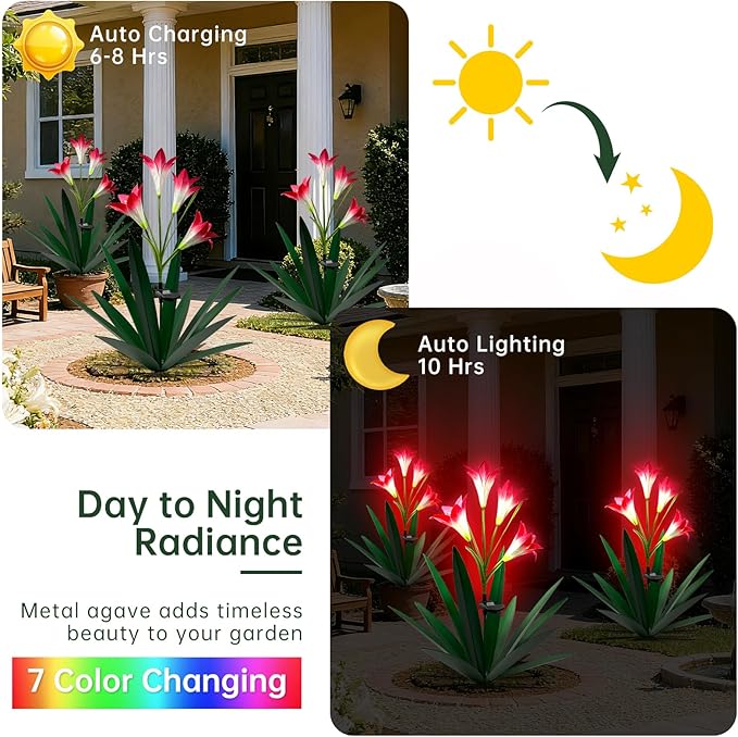 Homight Solar Metal Agave Lily Flower Garden Sculpture with LED Lights 30.3 Inch Waterproof Outdoor/Indoor Yard Decor Handmade Lawn Ornament Gift for Family Friends (2, Grass Green)