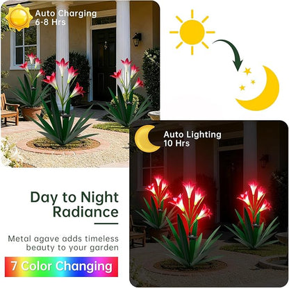 Homight Solar Metal Agave Lily Flower Garden Sculpture with LED Lights 30.3 Inch Waterproof Outdoor/Indoor Yard Decor Handmade Lawn Ornament Gift for Family Friends (2, Grass Green)