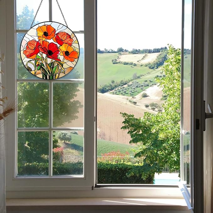 California Poppy Stained Glass Window Hanging 7.8'' – Sun Catcher Indoor Window Decor, Glass Suncatcher for Windows, Flower Hanging Ornament, for Mom Grandma Women Seniors