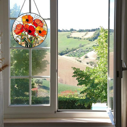 California Poppy Stained Glass Window Hanging 7.8'' – Sun Catcher Indoor Window Decor, Glass Suncatcher for Windows, Flower Hanging Ornament, for Mom Grandma Women Seniors