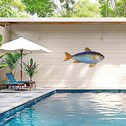 LIFFY Metal Fish Wall Decor,32“ Large Metal & Glass Tuna Artworks Home Decorative Ornaments,Indoor Outdoor Ocean Coastal Wall Hanging Decorations for Pool Garden Yard Patio